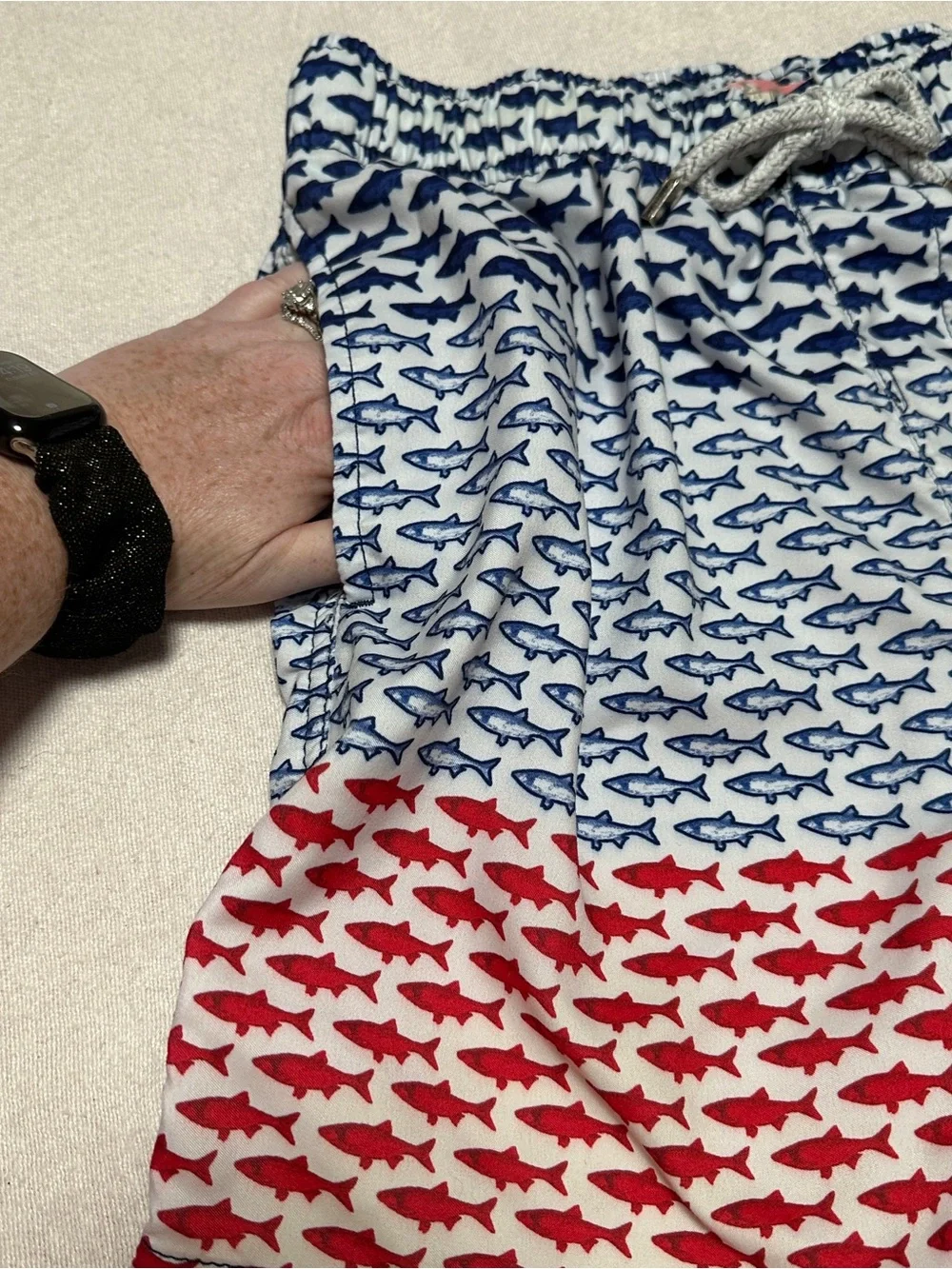 Men's Medium Shark Print Swim Trunks in Red White & Blue